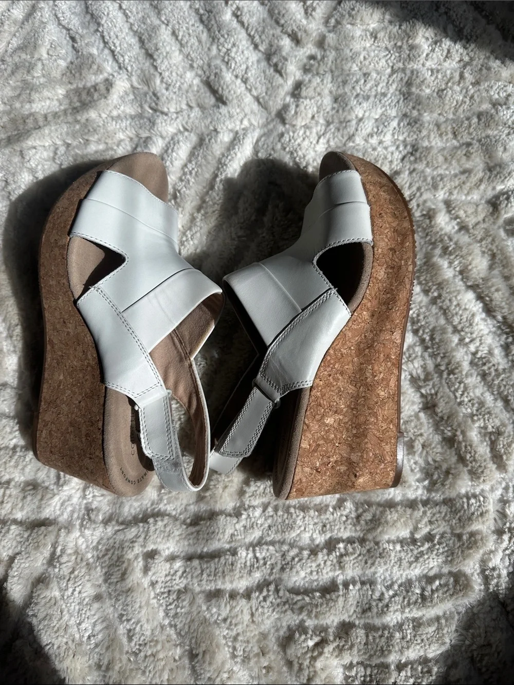 Clarks White Leather Cork Wedge Slingback Sandals